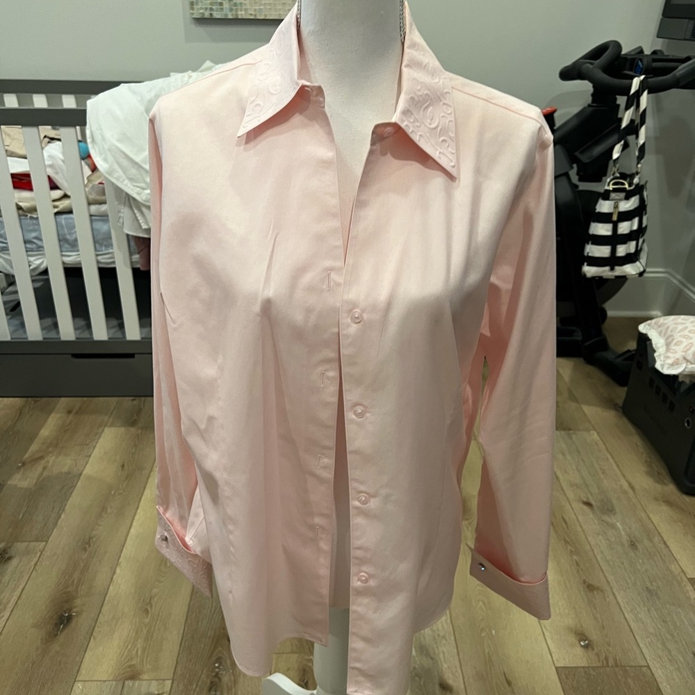 Petite sophisticate petite pink tailored long sleeve shirt paisley embossed